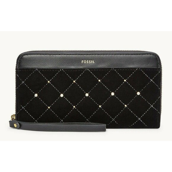 New Fossil Jori Zip Clutch wristlet RFID wallet Velvet with Leather Black - Picture 1 of 2